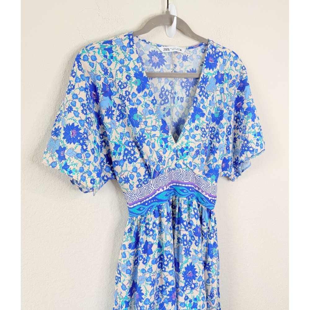 Zara Floral Maxi Dress Women's S Blue White V-Neck Empire Waist Boho Resort - Picture 5 of 10